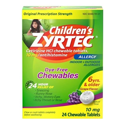Zyrtec Childrens Allergy 24 Hour Dye Free Chewables Grape Flavor Ages 6 yrs+ 24 Tablets