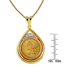 $5 Liberty Gold Piece Half Eagle Coin in 14k Gold Teardrop Pendant w/Diamonds
