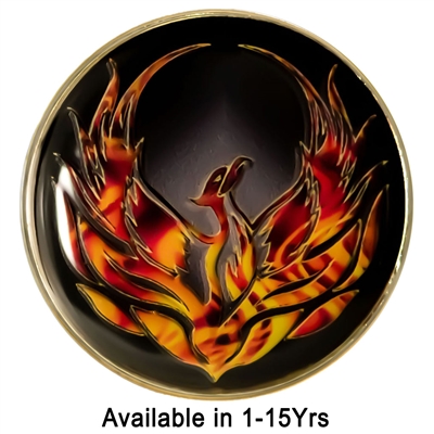 Phoenix Anniversary Medallion - Full-Color Flames on Black | Recovery Emporium Design | $14.00