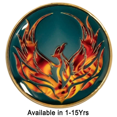 Phoenix Anniversary Medallion - Full-Color Flames on Teal | Recovery Emporium Design | $14.00