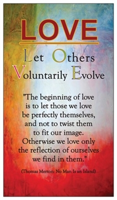 LOVE - "Let Others Voluntarily Evolve" Acronym Magnet on an abstract background