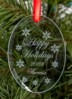 The 2023 - Happy Holidays - Personalized Recovery Ornament featuring 9 unique snowflakes with a circle-triangle style (Alcoholics Anonymous) AA logo at the center of each flake and (Your Name)
