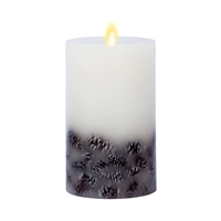 Luminara - Embedded Pinecones - Real Flame Effect Pillar Candle - 3.5-Inches x 6.5-Inches - Unscented White Wax - Indoor - Remote Ready