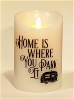 "Happy Camper" - "Home Is Where You Park It" - Moving Flame LED Candle - White Wax - Indoor - 3.5" x 5" - Blow "OFF" / Blow "ON" - Remote Enabled