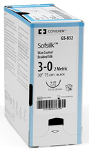 Covidien SOFSILK Silk Suture, Taper Point, Size 3-0, Black, 30", Needle CV-25, &#189; Circle. MFID: VS552