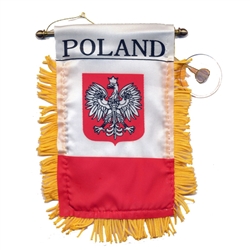 Poland Two-Sided Window Banner is Silk-screened Eagle/ Flag that us made of cloth, trimmed with gold fringe.
Hangs 4" from a brass colored bar with decorative ends and includes a plastic window suction cup.