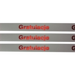 'Gratulacje' Ribbon (White with Metallic Red letters).  Use for interesting and unique gift wrapping.  Also use as embellishments for scrapbooking.  English translation:  'Congratulations'