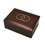 2-Ring Miniature Polish Wooden Box.  Hand made walnut-finish miniature Polish wooden box, with two interlocking inlaid brass ring design on the lid.