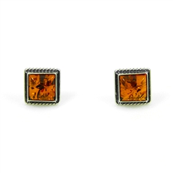Large Square Honey Amber Earrings With Roping Detail