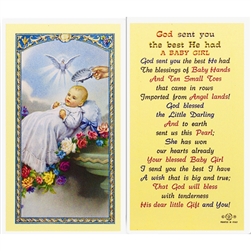God sent you the best He had - A Baby Girl - Holy Card.  Plastic Coated. Picture is on the front, text is on the back of the card.