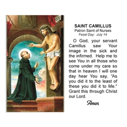 St. Camillus - Holy Card.  Plastic Coated. Picture is on the front, text is on the back of the card.