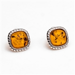Gorgeous Baltic Amber square stud earrings surrounded with a ring of Sterling Silver roping detail.  Size is approx .5" square.