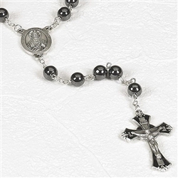 Polish Art Center - 8mm Hematite Stone Bead Rosary with Silver-toned Sacred Heart Center, Black Cross with a silver toned Corpus