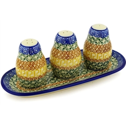 Polish Pottery Salt, Pepper & Seasoning Set. Hand made in Poland and artist initialed.
