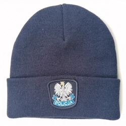 Display your Polish heritage! Navy Blue stretch knit Policja (Police) cap, which features Poland's national symbol the crowned eagle. Easy care 100% acrylic yarn. One size fits most. Made in Poland.