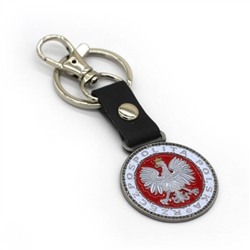 Polish Eagle Coat Of Arms Leather Key Chain. Size is approx 3.75" x 2".