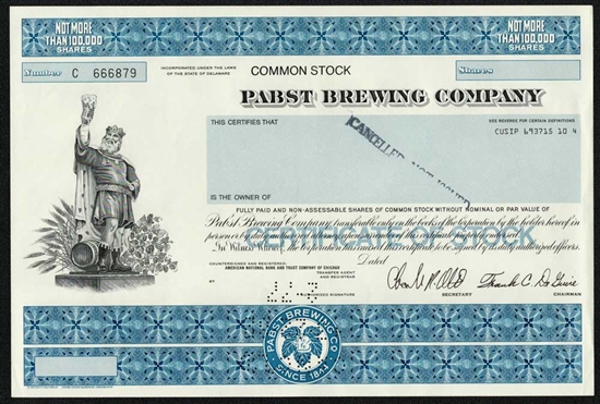 Pabst Brewing Company Stock Certificate King Gambrinus