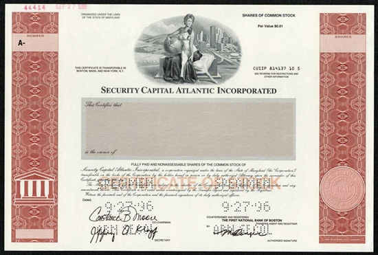 Security Capital Atlantic Inc. Specimen Stock Certificate