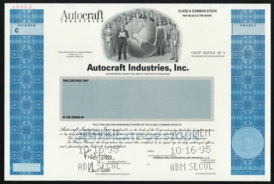 Autocraft Industries Specimen Stock Certificate