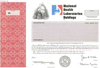 National Health Laboratories Hldgs Specimen Stock Certificate