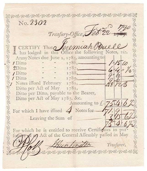 1790 Continental Army Receipt for Promissory Note
