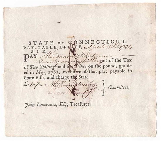 1782 Pay Table Note Signed by General Jedidiah Huntington