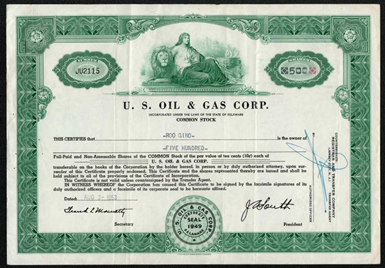 U.S. Oil & Gas Corp Stock Certificate - 1950s