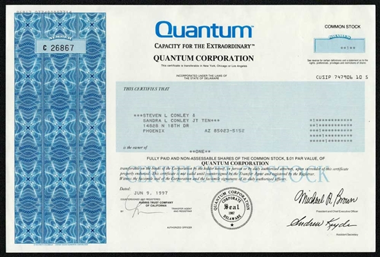 Quantum Corp  Stock Certificate