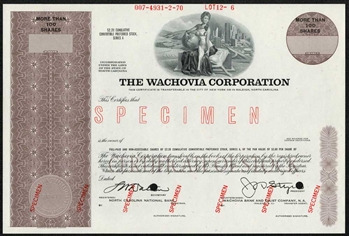 The Wachovia Corp Specimen Stock Certificate - Now Wells Fargo