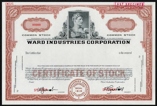 Ward Industries Corp Specimen Stock Certificate