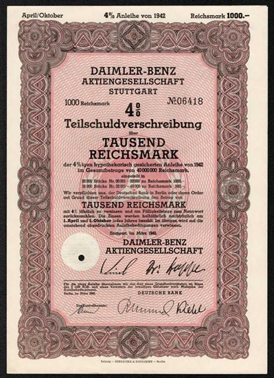 1942 Daimler Benz (Mercedes Benz) Bond Certificate