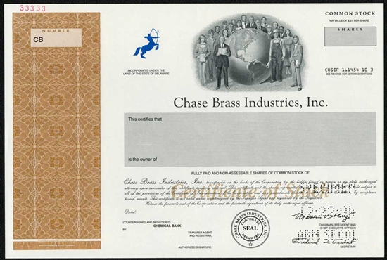 Chase Brass Industries Specimen Stock Certificate