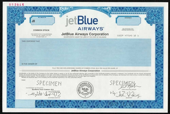 JetBlue Airways Specimen Stock Certificate