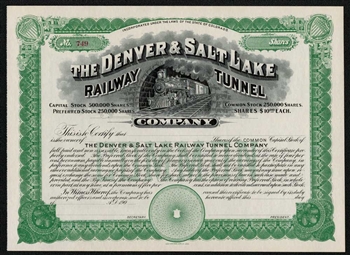The Denver & Salt Lake Railway Tunnel Stock Certificate