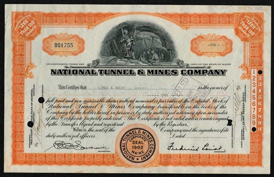1930s National Tunnel & Mines Company Stock Certificate