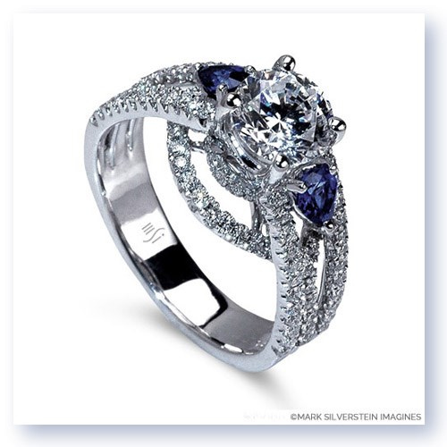 Mark Silverstein Imagines 18K White Gold Three Stone Cathedral Style Diamond and Sapphire Engagement Ring