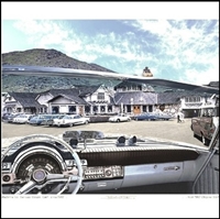 Composite photo of the instrument panel of 1962 Chrysler 300H convertible with the San Luis Obispo, CA Madonna Inn in the background