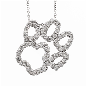 diamond paw print pendant charm, necklace, includes a 1.1mm cable chain in multiple lengths. 18k, 14k gold, platinum