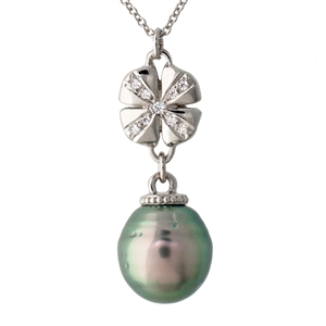 Four Leaf Clover Tahitian Pearl and Diamond Pendant