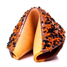 Our fresh baked giant fortune cookie in it's own Halloween costume! These giant fortune cookies is dipped in rich white chocolate and hand decorated with fun bat and pumpkin sprinkles.