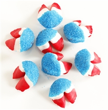 Strawberry flavored fortune cookies dipped in chocolate and blue bling sprinkles make this fortune cookie truly all american.