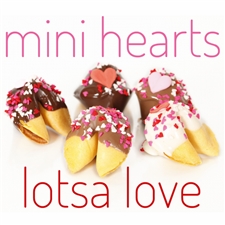 Fortune Cookies with your messages for Valentine's Day. These gourmet fortune cookies are dipped in milk, white and dark chocolate then sprinkled with mini hearts of love.