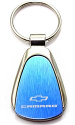 Authentic Chevrolet Camaro Blue Logo Metal Chrome Tear Drop Key Chain Ring Fob