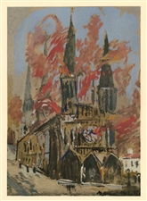 Maurice Utrillo pochoir La Cathedrale en flammes