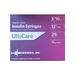 UltiCare Insulin Syringe U-100 3/10 cc 29 ga. x 1/2", 100/Box