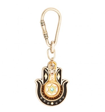 Black & Gold Hamsa Key Ring with Star of David by Ester Shahaf