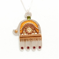 Large Silver Hamsa Golden Accents Necklace by Ester Shahaf