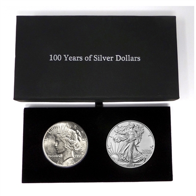 1923 Peace Dollar and 2023 Silver Eagle 100 Year Silver Dollar Set in Specialty Felt Lined Black Box