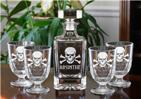 Skull Etched Absinthe Glasses, Spoons And Decanter Set