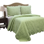 Full Queen Green Cotton Quilt Bedspread with Scalloped Borders